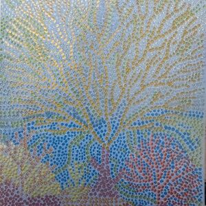 Hand painted Abstract Dot Coral Reef Canvas Wall Art - Yellow & Blue
